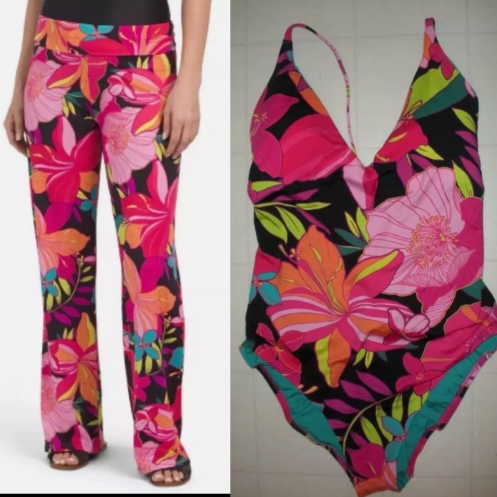 Trina Turk Solar Floral One Piece & Pant Swim Cover Up Bundle NWT
